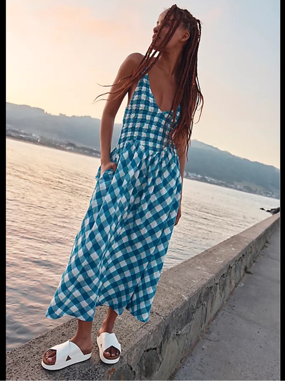 Free People Blue and White Gingham Smocked Maxi Dress